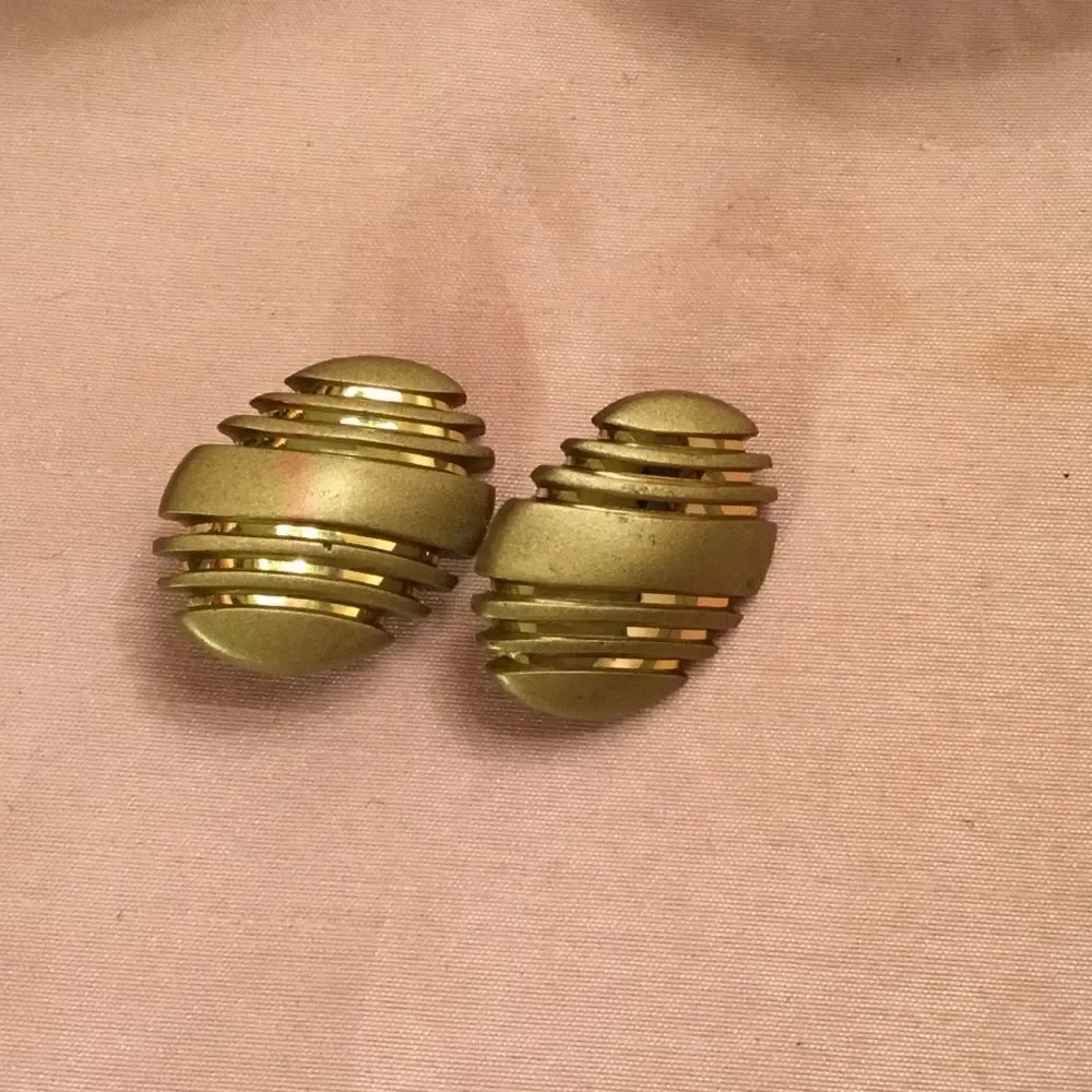 Goldtone With Stripe Clip Earrings